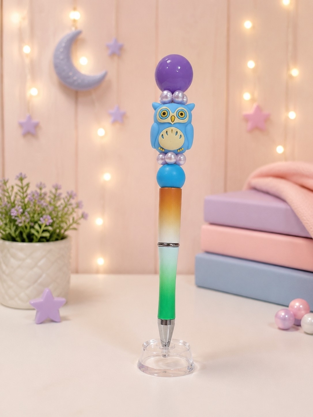 Cute Owl Beaded Kids Pen in Purple, Blue and Green